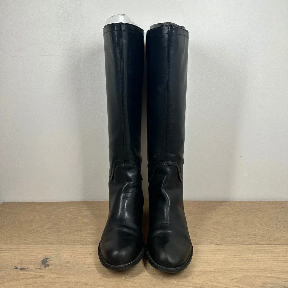 Nine West Boots Women 7.5 Black Leather Knee High Riding Classic Minimalist